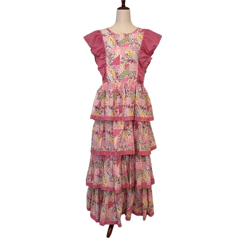 NWT Simply Southern Hailey Patchwork Floral Tiered Maxi Dress, Pink, Medium